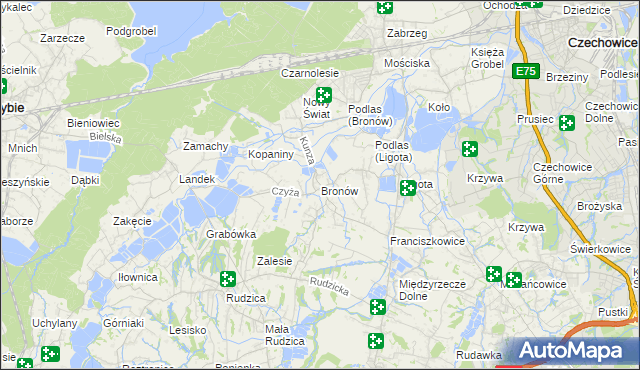 mapa Bronów gmina Czechowice-Dziedzice, Bronów gmina Czechowice-Dziedzice na mapie Targeo