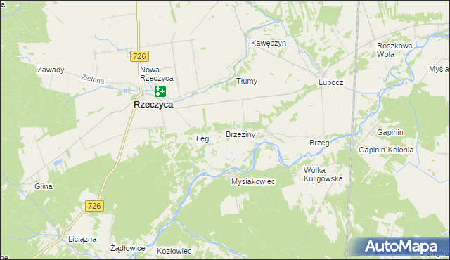 mapa Brzeziny gmina Rzeczyca, Brzeziny gmina Rzeczyca na mapie Targeo