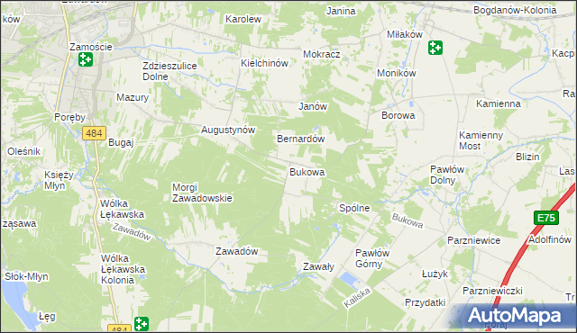mapa Bukowa gmina Bełchatów, Bukowa gmina Bełchatów na mapie Targeo