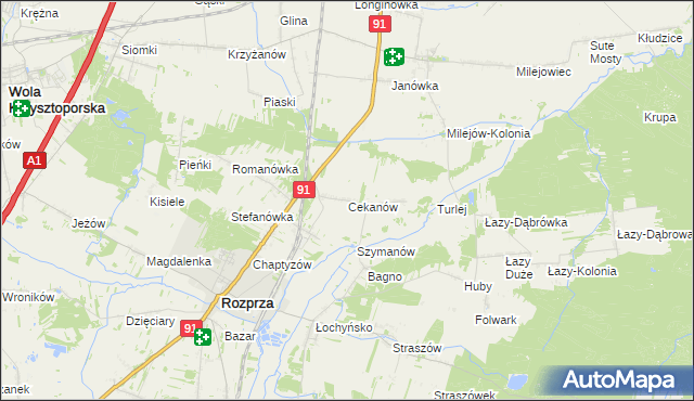 mapa Cekanów gmina Rozprza, Cekanów gmina Rozprza na mapie Targeo