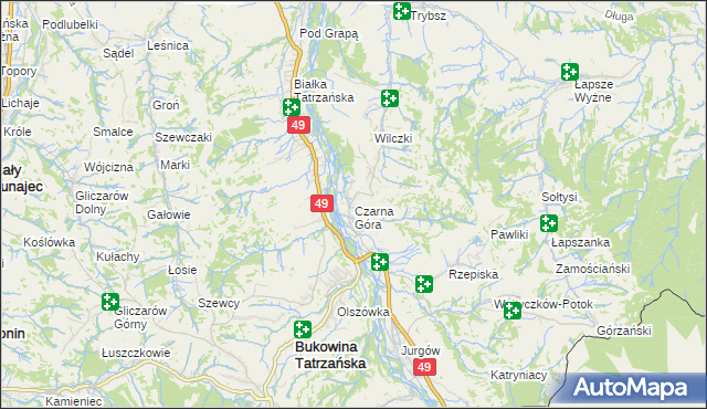 mapa Czarna Góra gmina Bukowina Tatrzańska, Czarna Góra gmina Bukowina Tatrzańska na mapie Targeo