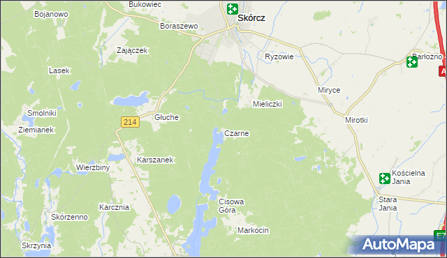 mapa Czarne gmina Skórcz, Czarne gmina Skórcz na mapie Targeo