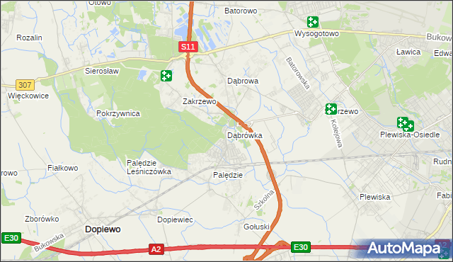 mapa Dąbrówka gmina Dopiewo, Dąbrówka gmina Dopiewo na mapie Targeo