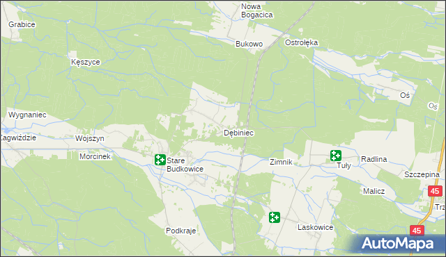 mapa Dębiniec gmina Murów, Dębiniec gmina Murów na mapie Targeo