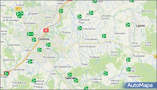 mapa Dominikowice gmina Gorlice, Dominikowice gmina Gorlice na mapie Targeo