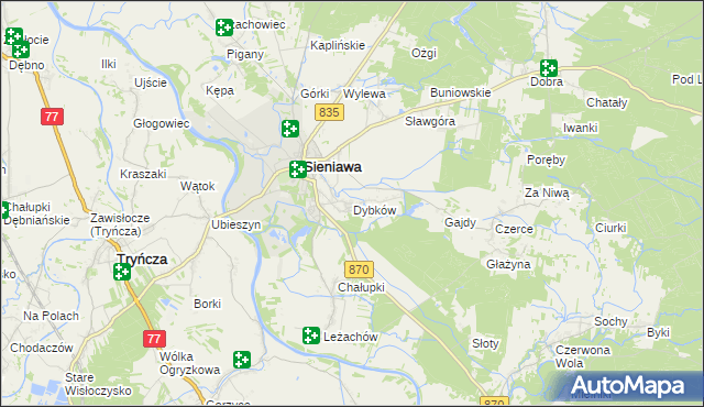mapa Dybków gmina Sieniawa, Dybków gmina Sieniawa na mapie Targeo