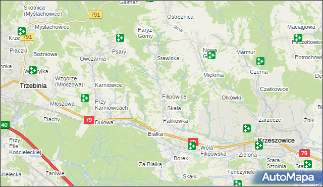 mapa Filipowice gmina Krzeszowice, Filipowice gmina Krzeszowice na mapie Targeo