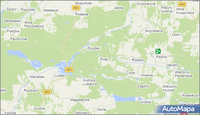 mapa Firlej gmina Szczerców, Firlej gmina Szczerców na mapie Targeo