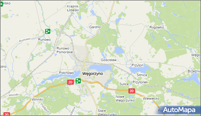 mapa Gościsław gmina Węgorzyno, Gościsław gmina Węgorzyno na mapie Targeo