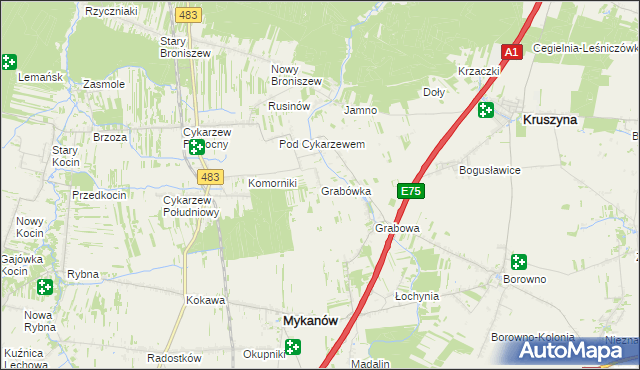 mapa Grabówka gmina Mykanów, Grabówka gmina Mykanów na mapie Targeo