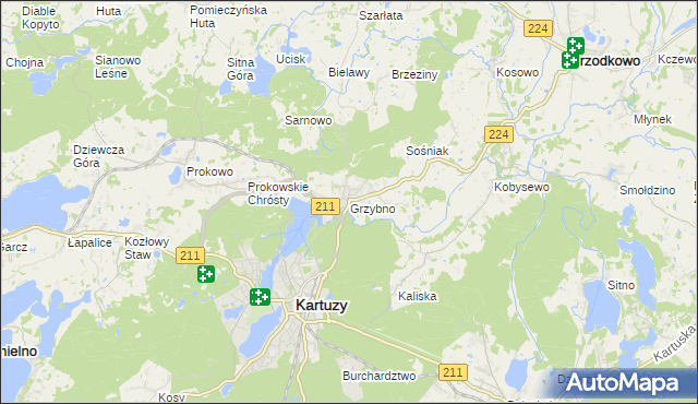 mapa Grzybno gmina Kartuzy, Grzybno gmina Kartuzy na mapie Targeo
