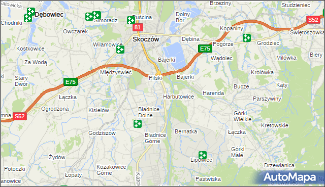 mapa Harbutowice gmina Skoczów, Harbutowice gmina Skoczów na mapie Targeo