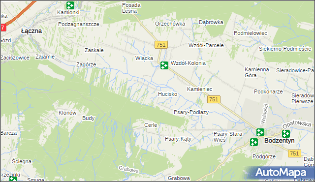 mapa Hucisko gmina Bodzentyn, Hucisko gmina Bodzentyn na mapie Targeo