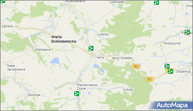 mapa Iwiny gmina Warta Bolesławiecka, Iwiny gmina Warta Bolesławiecka na mapie Targeo