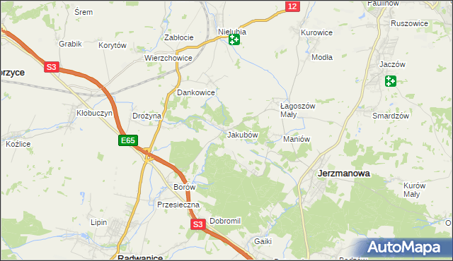 mapa Jakubów gmina Radwanice, Jakubów gmina Radwanice na mapie Targeo