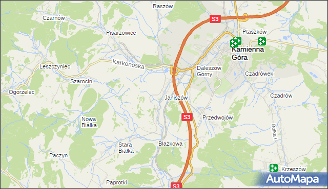mapa Janiszów gmina Kamienna Góra, Janiszów gmina Kamienna Góra na mapie Targeo