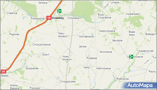 mapa Janów gmina Kowiesy, Janów gmina Kowiesy na mapie Targeo