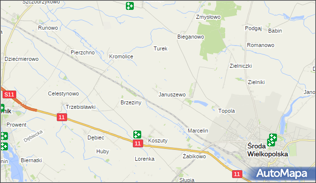 mapa Januszewo gmina Środa Wielkopolska, Januszewo gmina Środa Wielkopolska na mapie Targeo