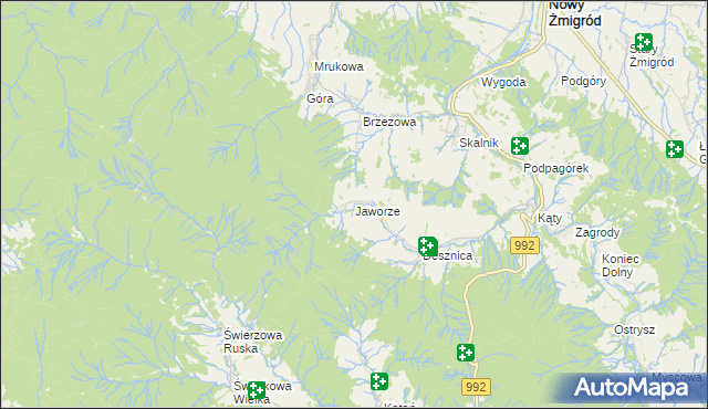 mapa Jaworze gmina Nowy Żmigród, Jaworze gmina Nowy Żmigród na mapie Targeo