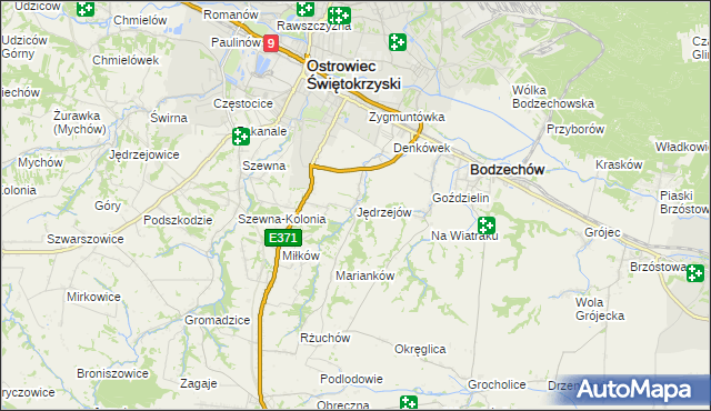 mapa Jędrzejów gmina Bodzechów, Jędrzejów gmina Bodzechów na mapie Targeo