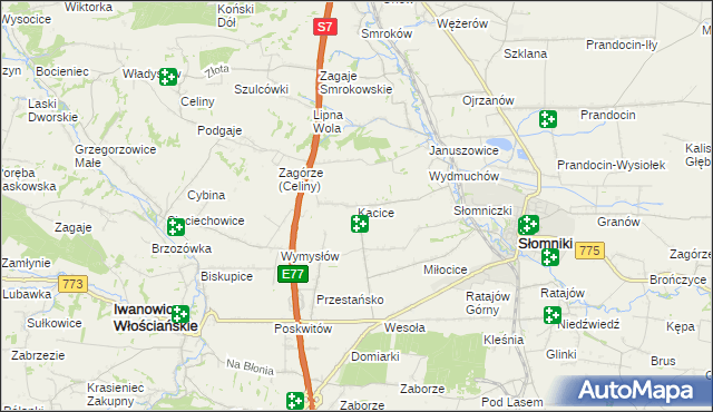 mapa Kacice gmina Słomniki, Kacice gmina Słomniki na mapie Targeo