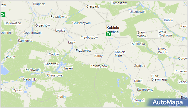 mapa Karsy gmina Kobiele Wielkie, Karsy gmina Kobiele Wielkie na mapie Targeo