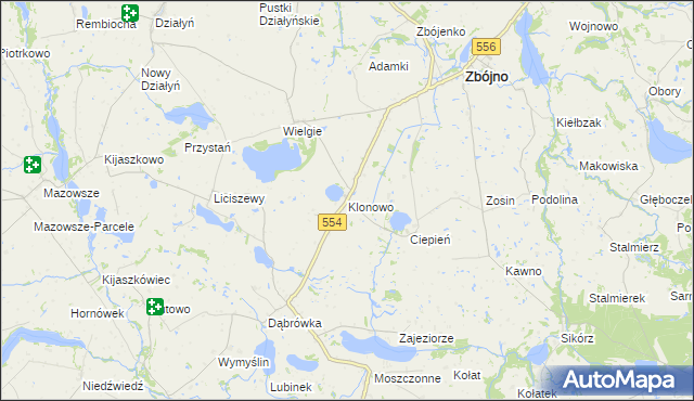 mapa Klonowo gmina Zbójno, Klonowo gmina Zbójno na mapie Targeo