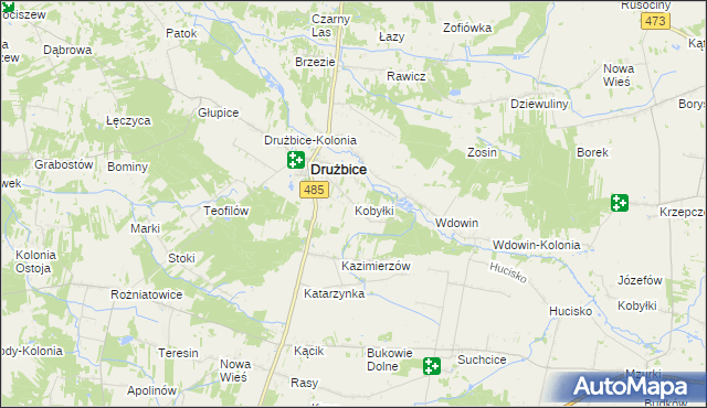 mapa Kobyłki gmina Drużbice, Kobyłki gmina Drużbice na mapie Targeo