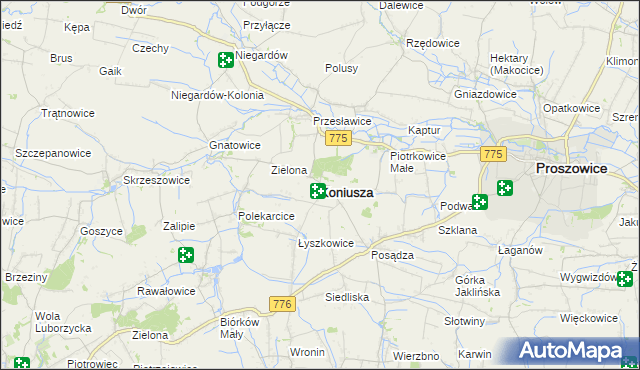 mapa Koniusza powiat proszowicki, Koniusza powiat proszowicki na mapie Targeo