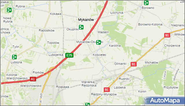 mapa Kościelec gmina Rędziny, Kościelec gmina Rędziny na mapie Targeo