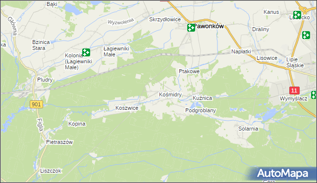 mapa Kośmidry gmina Pawonków, Kośmidry gmina Pawonków na mapie Targeo