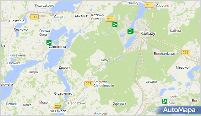 mapa Kosy gmina Kartuzy, Kosy gmina Kartuzy na mapie Targeo