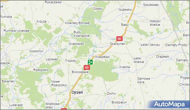 mapa Kraszewo gmina Ojrzeń, Kraszewo gmina Ojrzeń na mapie Targeo