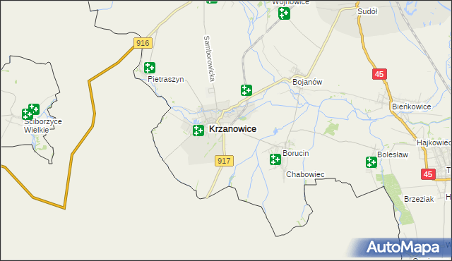 mapa Krzanowice powiat raciborski, Krzanowice powiat raciborski na mapie Targeo
