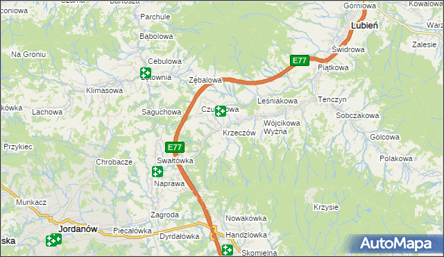 mapa Krzeczów gmina Lubień, Krzeczów gmina Lubień na mapie Targeo