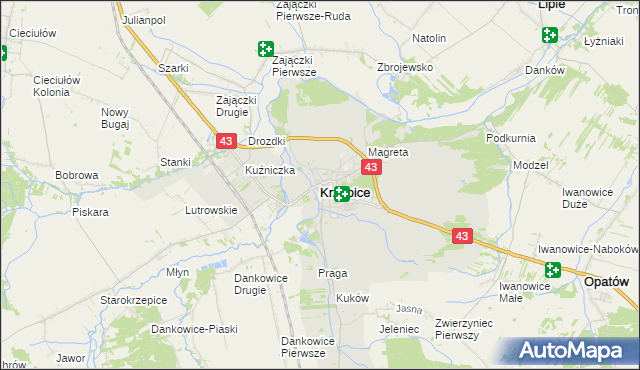 mapa Krzepice powiat kłobucki, Krzepice powiat kłobucki na mapie Targeo