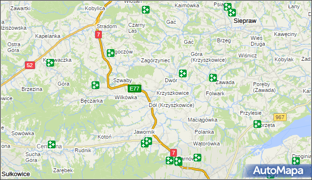mapa Krzyszkowice gmina Myślenice, Krzyszkowice gmina Myślenice na mapie Targeo