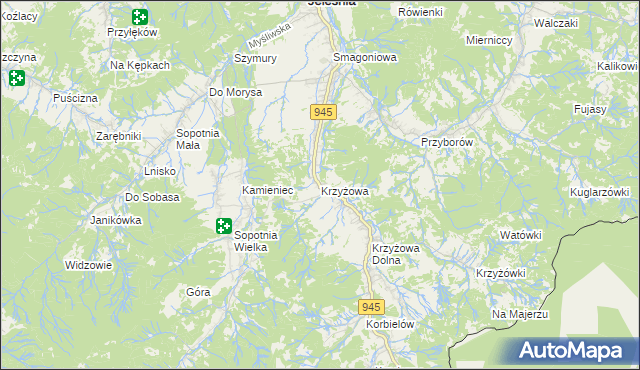 mapa Krzyżowa gmina Jeleśnia, Krzyżowa gmina Jeleśnia na mapie Targeo