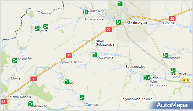 mapa Krzyżowice gmina Głubczyce, Krzyżowice gmina Głubczyce na mapie Targeo