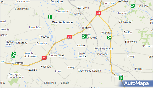 mapa Kunice gmina Wojciechowice, Kunice gmina Wojciechowice na mapie Targeo