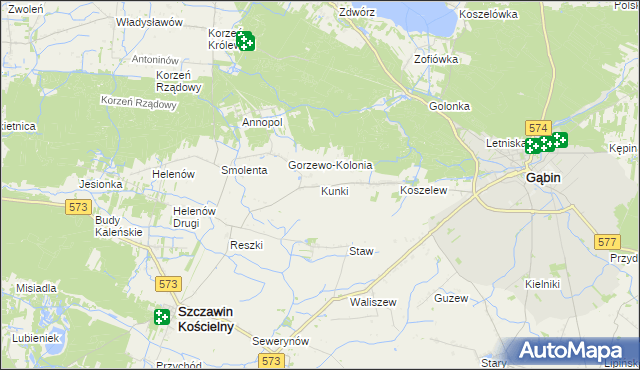 mapa Kunki gmina Szczawin Kościelny, Kunki gmina Szczawin Kościelny na mapie Targeo