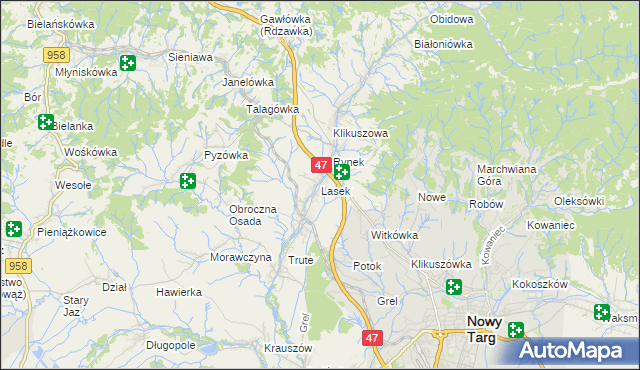 mapa Lasek gmina Nowy Targ, Lasek gmina Nowy Targ na mapie Targeo