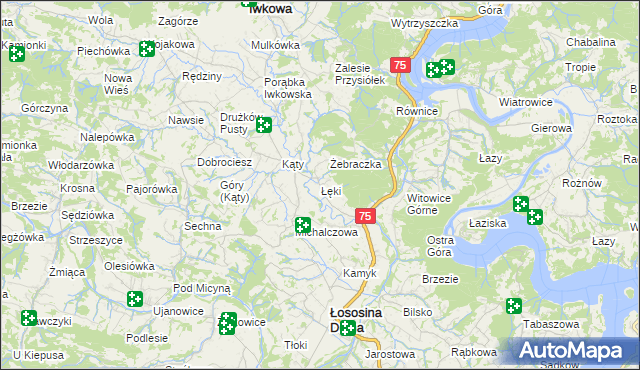 mapa Łęki gmina Łososina Dolna, Łęki gmina Łososina Dolna na mapie Targeo