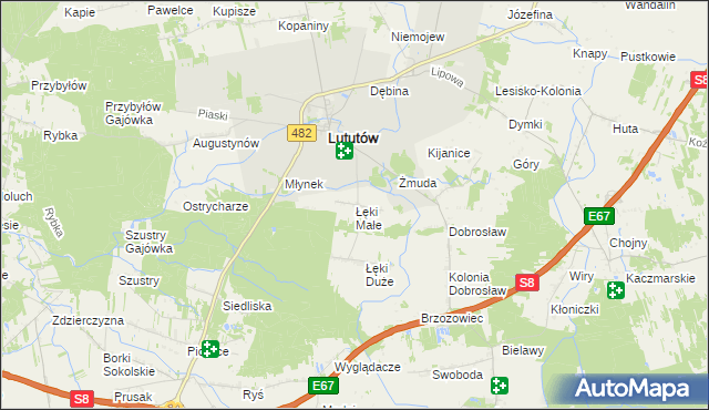 mapa Łęki Małe gmina Lututów, Łęki Małe gmina Lututów na mapie Targeo