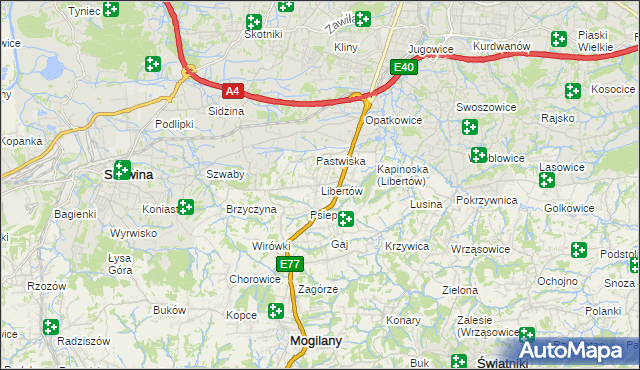 mapa Libertów gmina Mogilany, Libertów gmina Mogilany na mapie Targeo