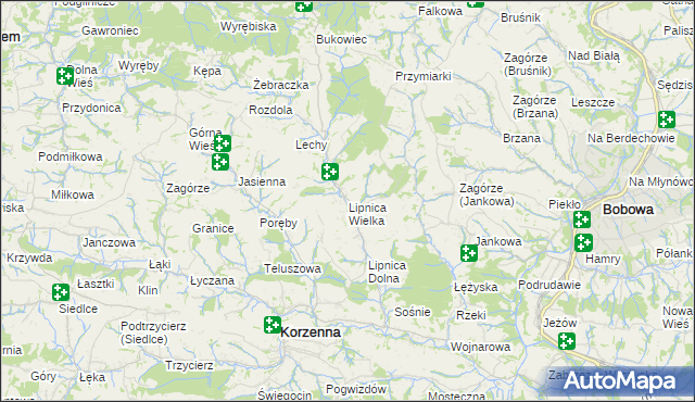 mapa Lipnica Wielka gmina Korzenna, Lipnica Wielka gmina Korzenna na mapie Targeo