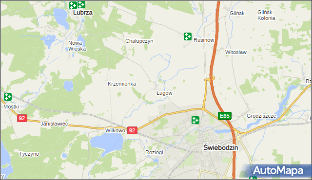 mapa Ługów gmina Świebodzin, Ługów gmina Świebodzin na mapie Targeo
