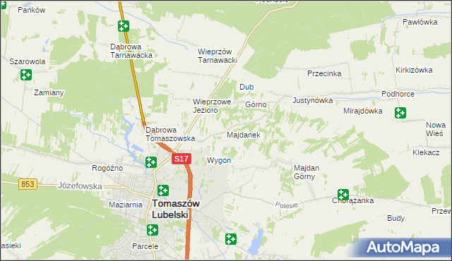 mapa Majdanek gmina Tomaszów Lubelski, Majdanek gmina Tomaszów Lubelski na mapie Targeo