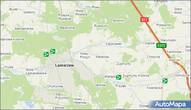 mapa Melanów gmina Łaskarzew, Melanów gmina Łaskarzew na mapie Targeo
