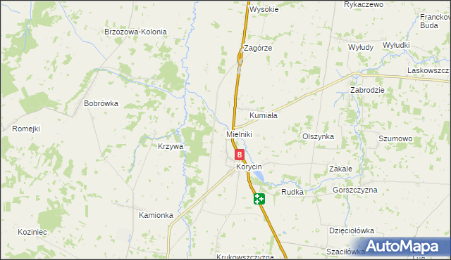mapa Mielniki gmina Korycin, Mielniki gmina Korycin na mapie Targeo
